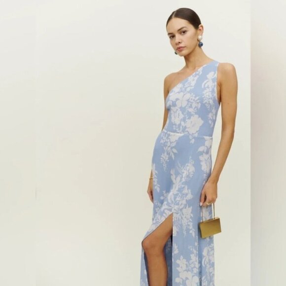 NEW Reformation Evelyn Maxi Dress One Shoulder Side Slit Aliso Blue Floral  sz 2 - Picture 3 of 15